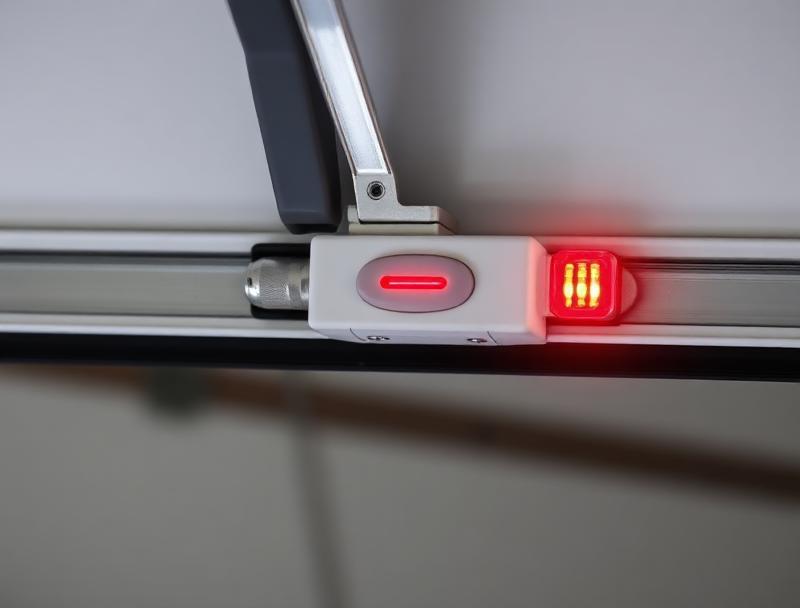 Close-up of garage door safety sensor being tested by a professional technician