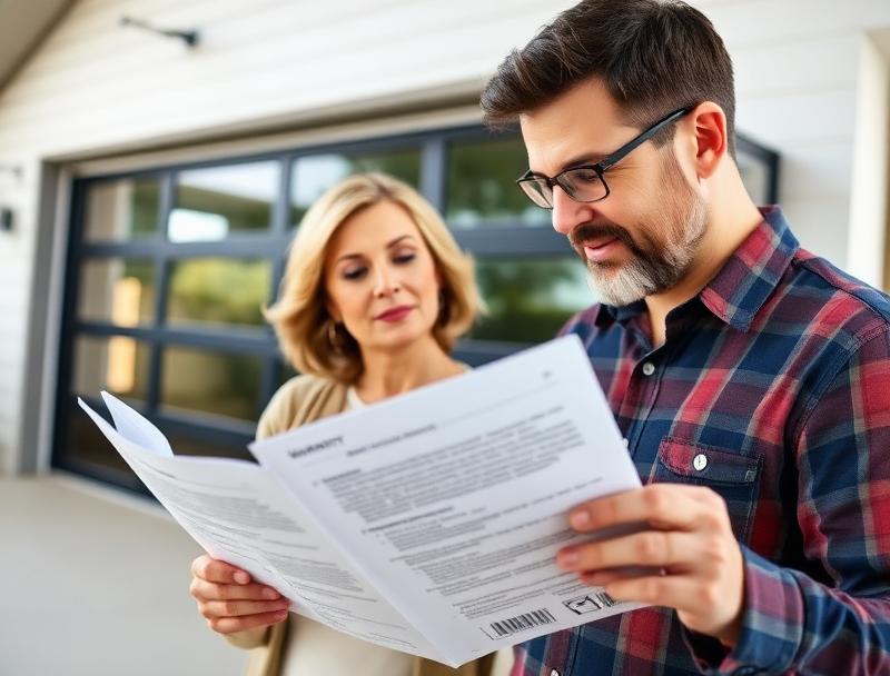 Homeowner reviewing garage door warranty documentation with a professional technician